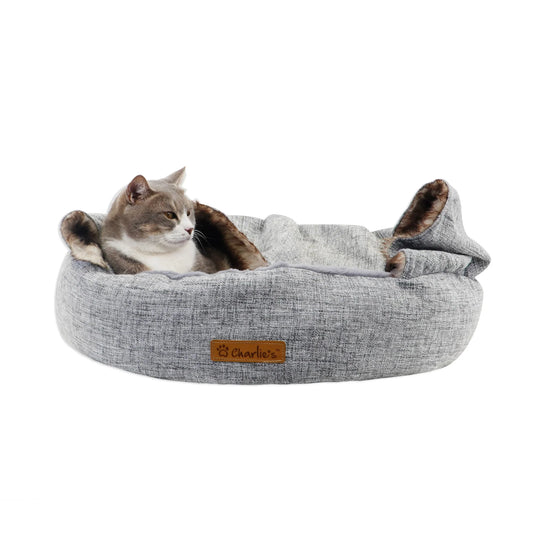 CHARLIE's Hooded Pet Nest Bed with Faux Linen & Fur for Cat