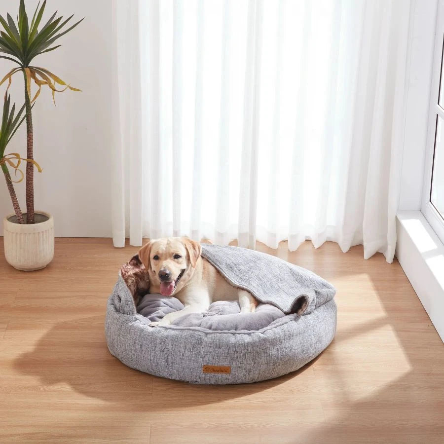 CHARLIE's Hooded Pet Nest Bed with Faux Linen & Fur for large dog