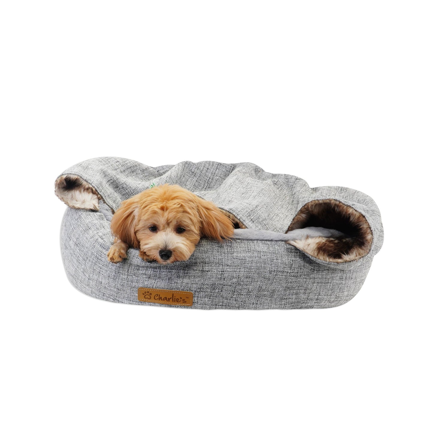 CHARLIE's Hooded Pet Nest Bed with Faux Linen & Fur for Dog