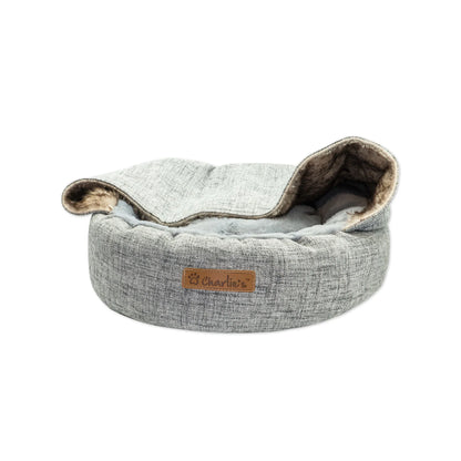 CHARLIE's Hooded Pet Nest Bed - Faux Linen & Fur