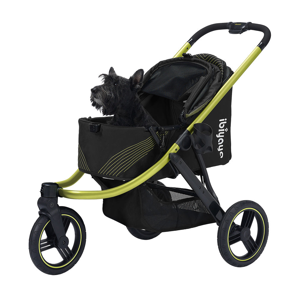 IBIYAYA The Beast Pet Jogging Stroller in jet black with small dog