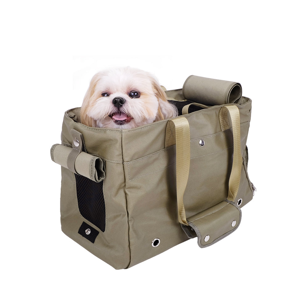 IBIYAYA® Canvas Pet Tote in Army Green carrying a Shih Tzu