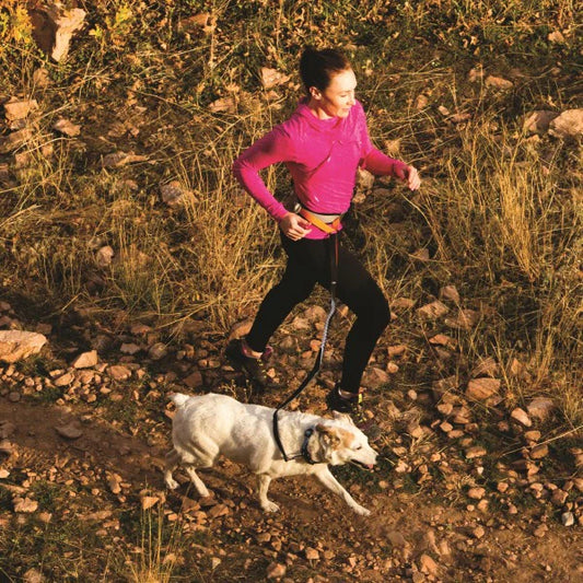 KURGO® Excursion Running Belt worn by woman attached to her dog by a KURGO Springback Leash whilst running together, aerial view