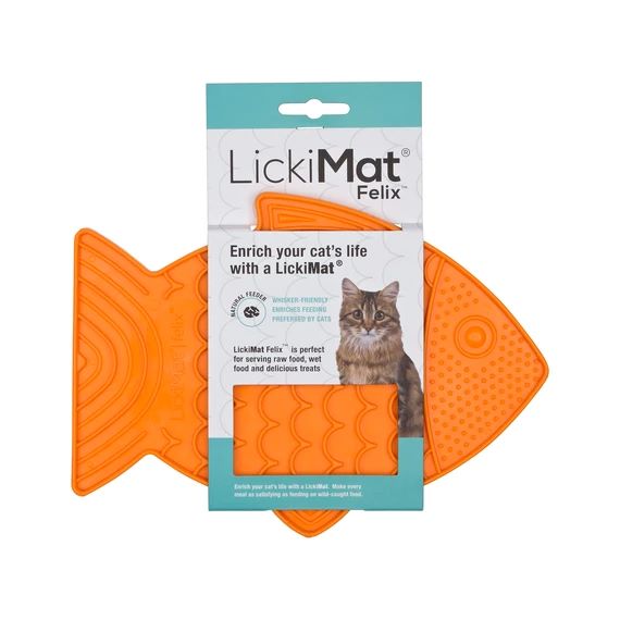 LickiMat Felix fish-shaped slow cat feeder in orange