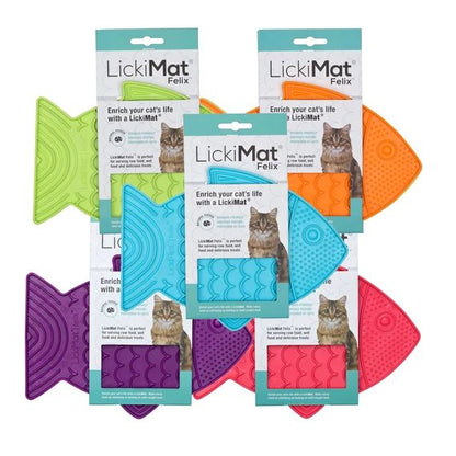 LickiMat Felix fish-shaped slow cat feeder colour range