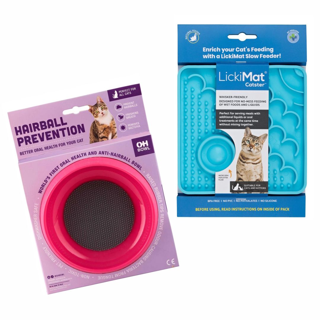 OH bowl pink and LickiMat Catster blue, packages 