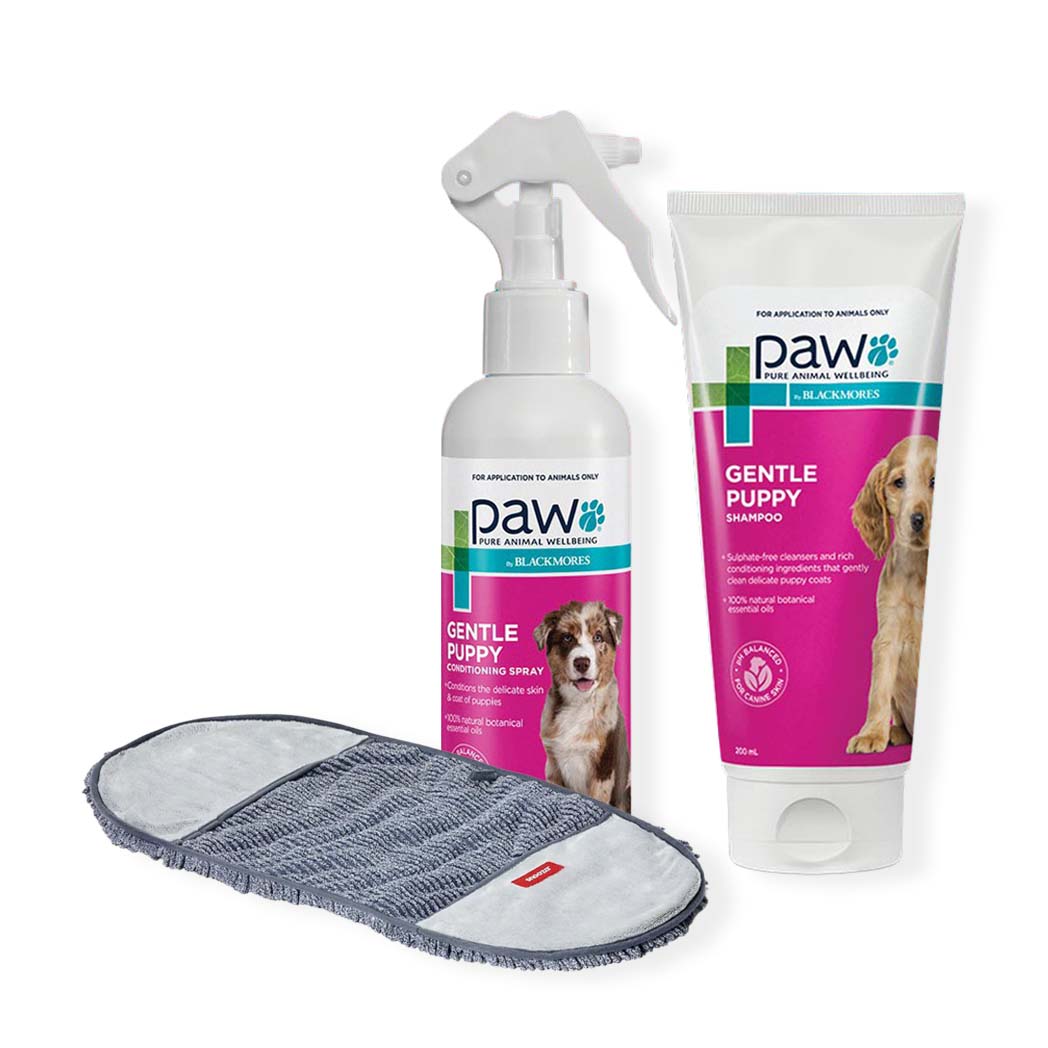 Puppy bath bundle comprising Snooza noodle mitt, PAW shampoo and PAW conditioner