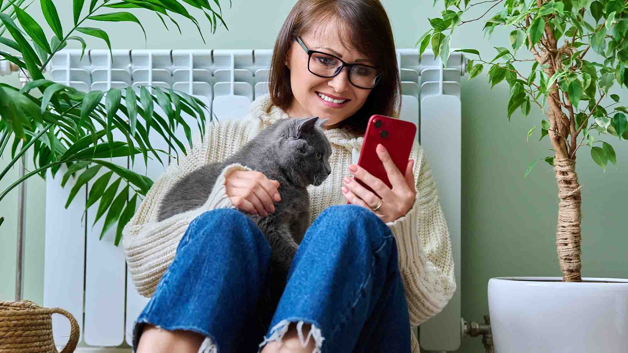 Woman at home using smartphone with cat